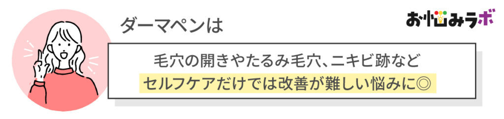 毛穴の開きやたるみ毛穴、ニキビ跡など、セルフケアだけでは改善が難しい悩みに対して効果が期待できる